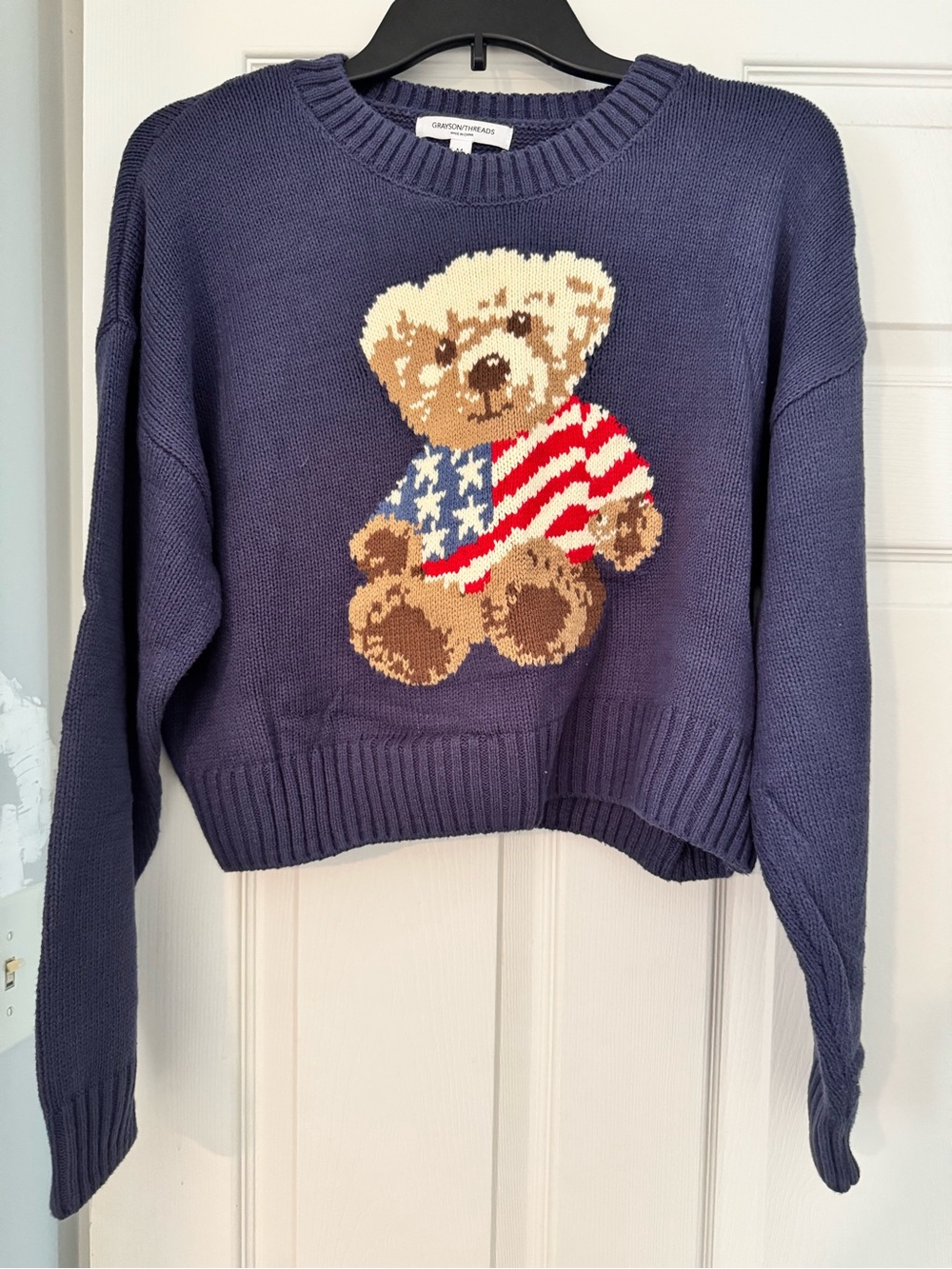 Grayson Threads - Cropped American Flag Bear Sweater in Navy - Picture 2 of 5